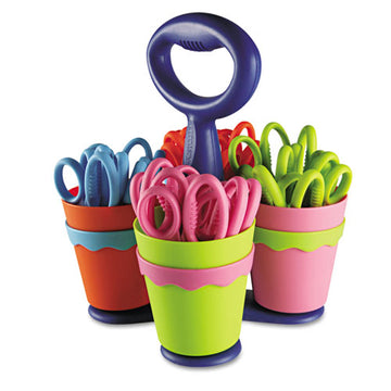 Westcott® Scissor Caddy With Kids' Scissors, 5" Long, 2" Cut Length, Light Blue; Light Green; Pink; Yellow, Straight Handles, 24-set freeshipping - TVN Wholesale